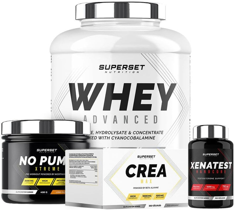 Superset Nutrition - Pack Prise De Muscle Sec Expert - 100% Whey Proteine Advanced 2Kg Chocolat - No Pump Xtreme - Créa Max - Xenatest Hardcore