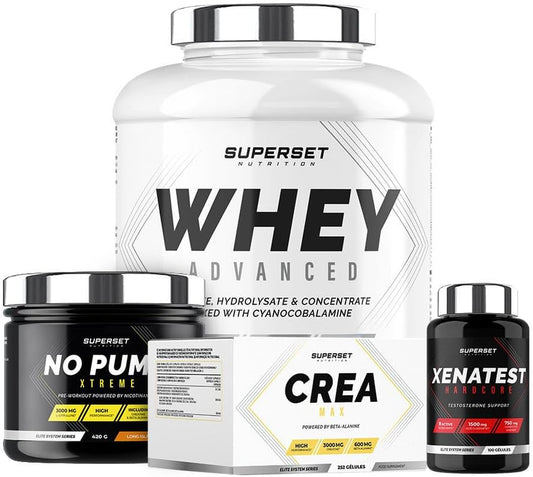 Superset Nutrition - Pack Prise De Muscle Sec Expert - 100% Whey Proteine Advanced 2Kg Chocolat - No Pump Xtreme - Créa Max - Xenatest Hardcore